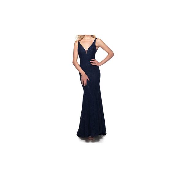 Abby Paris NWT Navy Stretch Lace Sparkle Lucci Sleeveless Formal Prom Gown 14 - Picture 2 of 16